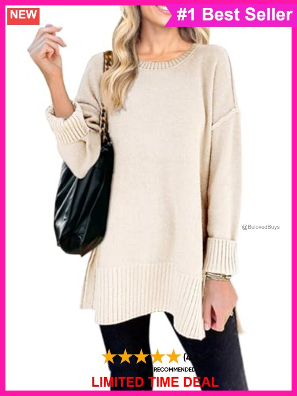 Womens Oversized Tunic Pullover Sweater Drop Shoulder Ribbed Crew Neck